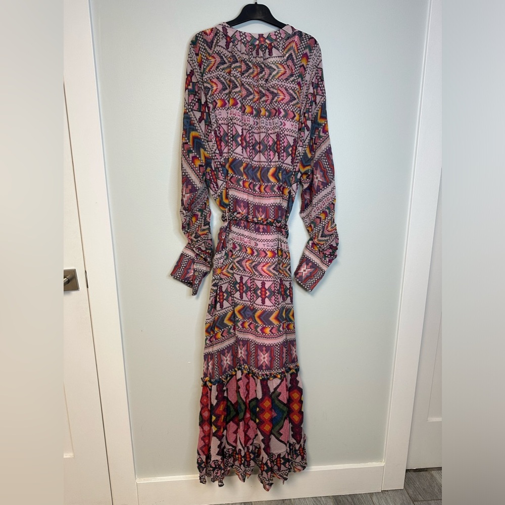 NWT Farm Rio Amulet Maxi Boho Sleeved Belted Aztec Sheer Dress Sz Large - Picture 8 of 17